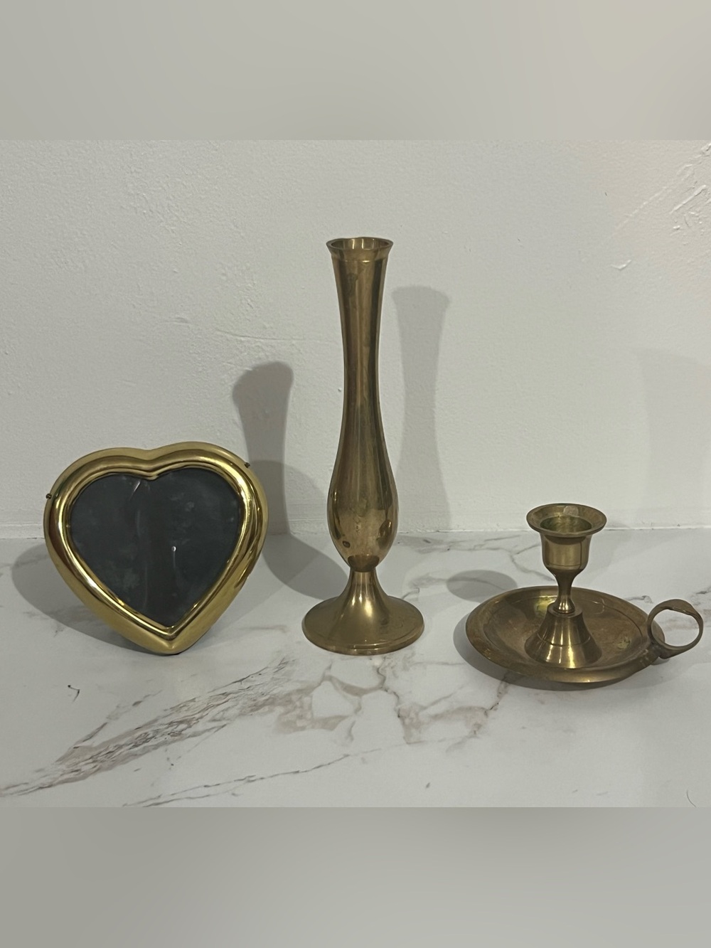3 piece Vintage Brass bundle - Bud Vase, heart shaped frame, Brass Candle holder